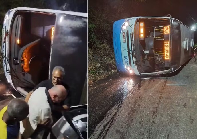 Motorista tomba com ônibus ao jogar veículo contra barranco, em Petrópolis